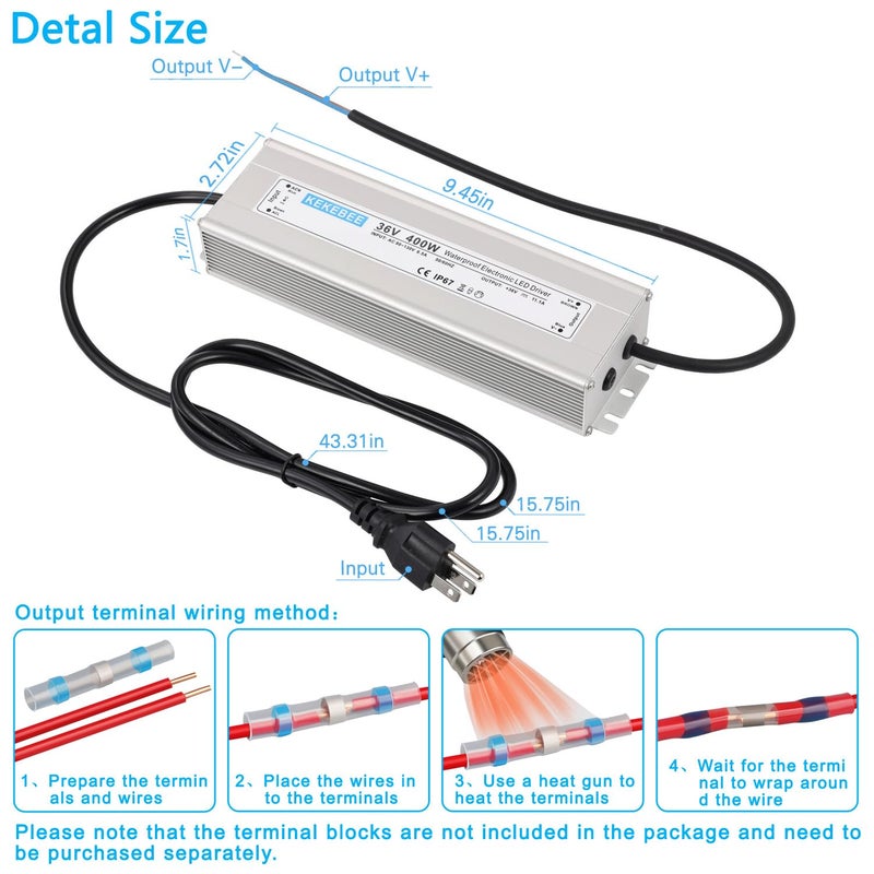 KEKEBEE LED Driver 36V400W Waterproof Power Supply 110V/130V AC to 36V DC 11.1A Low Voltage Transformer IP67 Outdoor Lighting Sign LED Lighting and Any 36V DC LED - Image 5